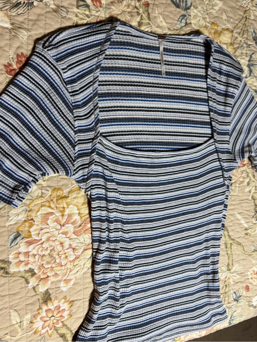 Free People Striped Square-Neck Short Sleeve Top in Blue, White and Black